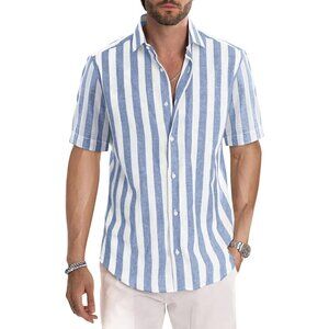 Men's Sky Blue Casual Stylish Short Sleeve Button-Up Striped Dress Shirts
